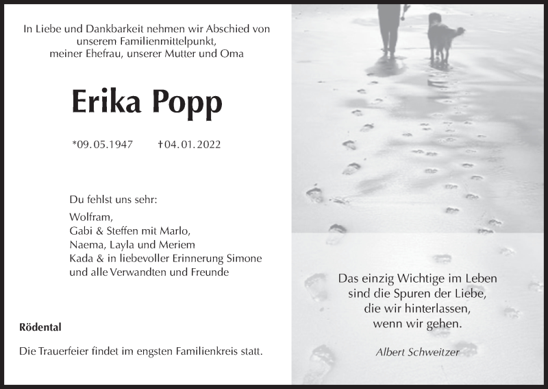  Traueranzeige für Erika Popp vom 12.01.2022 aus MGO