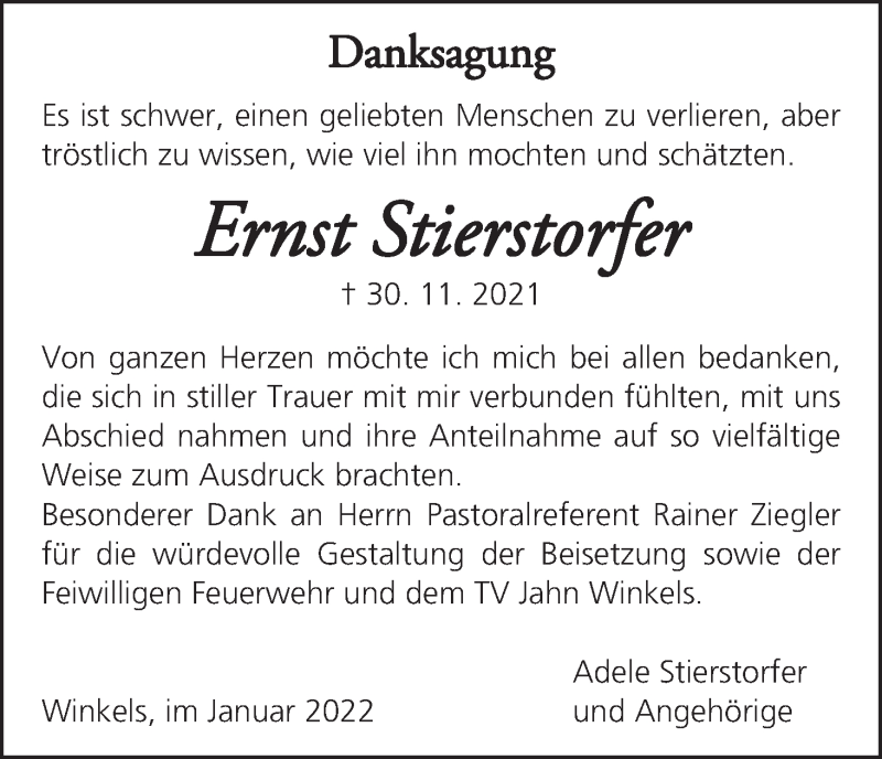  Traueranzeige für Ernst Stierstorfer vom 08.01.2022 aus MGO