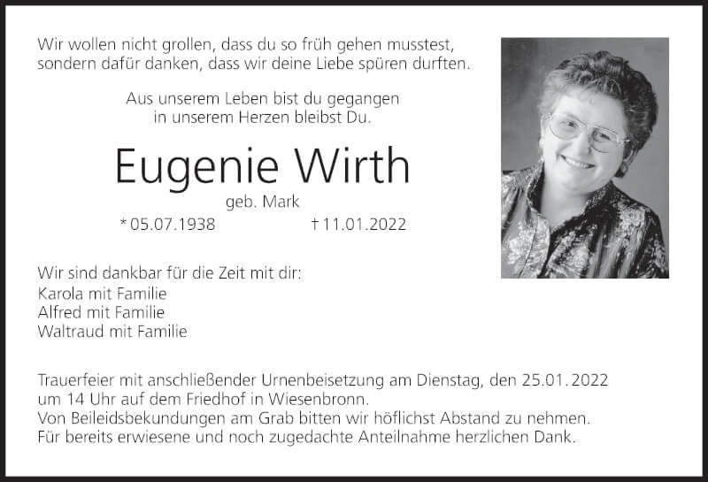  Traueranzeige für Eugenie Wirth vom 22.01.2022 aus MGO