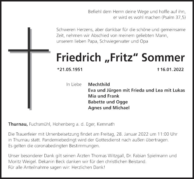  Traueranzeige für Friedrich Sommer vom 22.01.2022 aus MGO