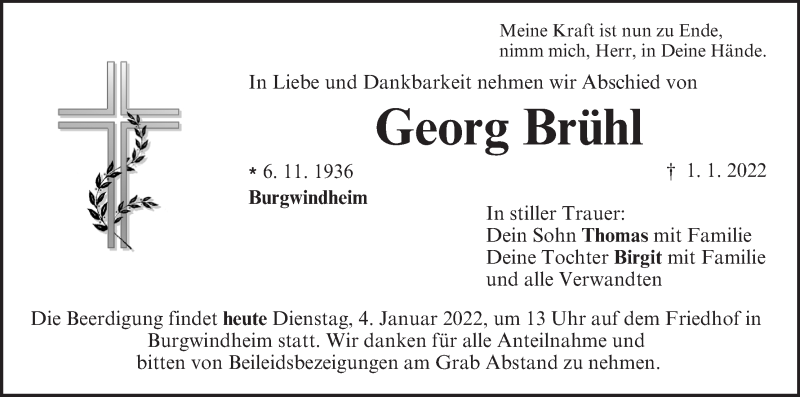  Traueranzeige für Georg Brühl vom 04.01.2022 aus MGO