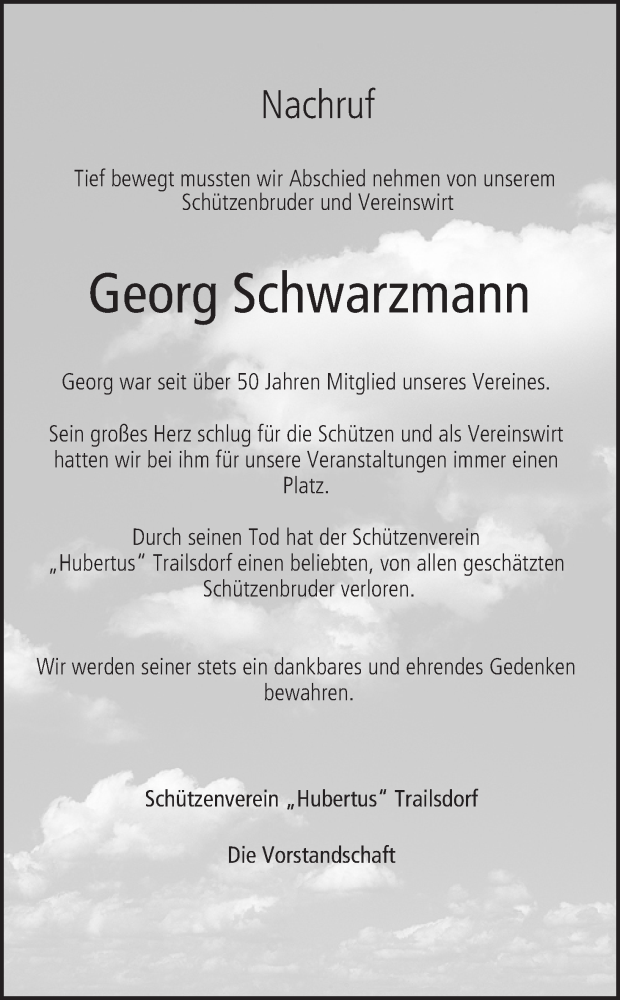  Traueranzeige für Georg Schwarzmann vom 29.01.2022 aus MGO