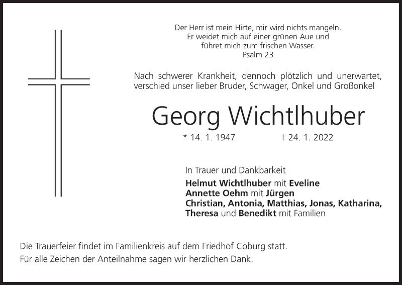  Traueranzeige für Georg Wichtlhuber vom 29.01.2022 aus MGO