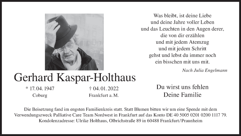  Traueranzeige für Gerhard Kaspar-Holthaus vom 15.01.2022 aus MGO
