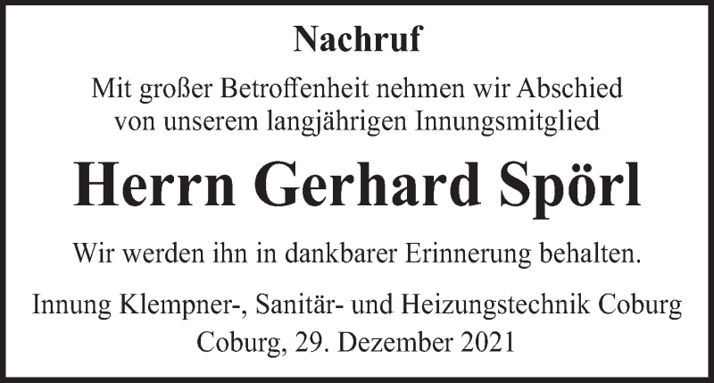  Traueranzeige für Gerhard Spörl vom 31.12.2021 aus MGO