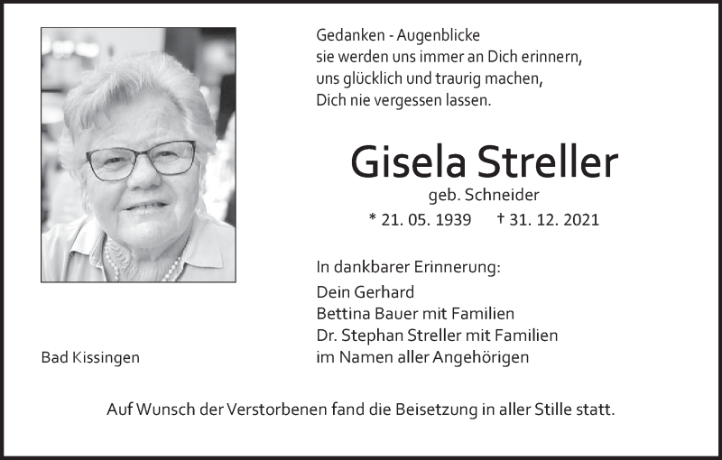  Traueranzeige für Gisela Streller vom 11.01.2022 aus MGO