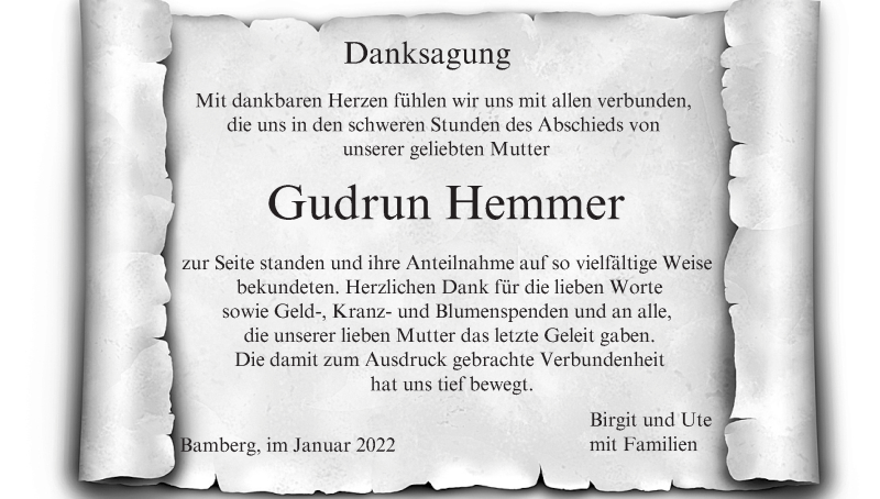  Traueranzeige für Gudrun Hemmer vom 08.01.2022 aus MGO