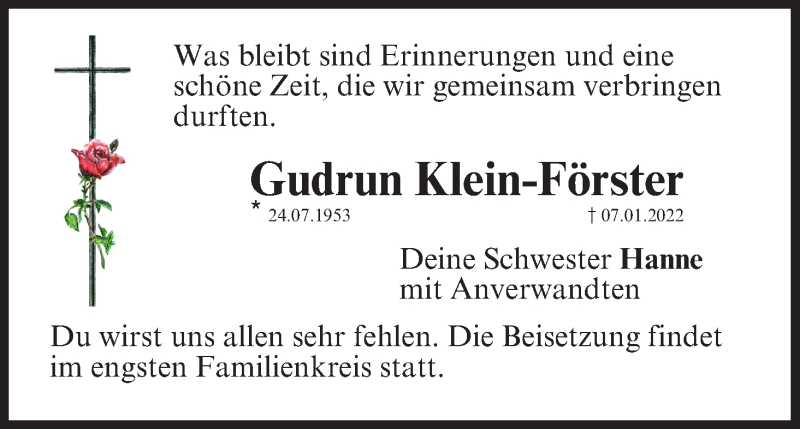  Traueranzeige für Gudrun Klein-Förster vom 14.01.2022 aus MGO