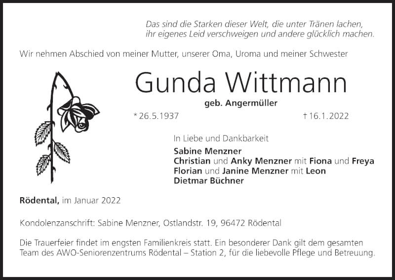 Traueranzeige für Gunda Wittmann vom 22.01.2022 aus MGO
