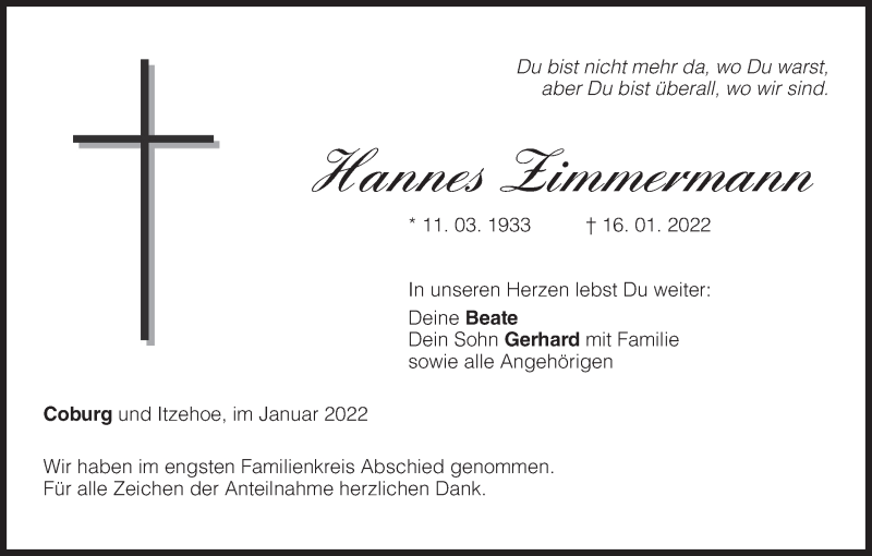  Traueranzeige für Hannes Zimmermann vom 29.01.2022 aus MGO