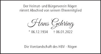 Anzeige von Hans Gehring von MGO