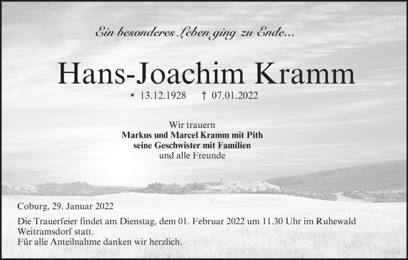  Traueranzeige für Hans-Joachim Kramm vom 29.01.2022 aus MGO