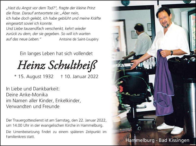  Traueranzeige für Heinz Schultheiß vom 15.01.2022 aus MGO