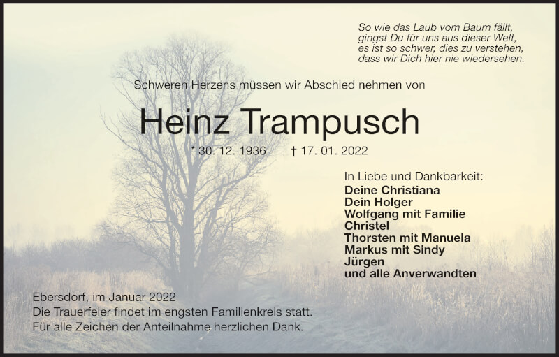  Traueranzeige für Heinz Trampusch vom 22.01.2022 aus MGO