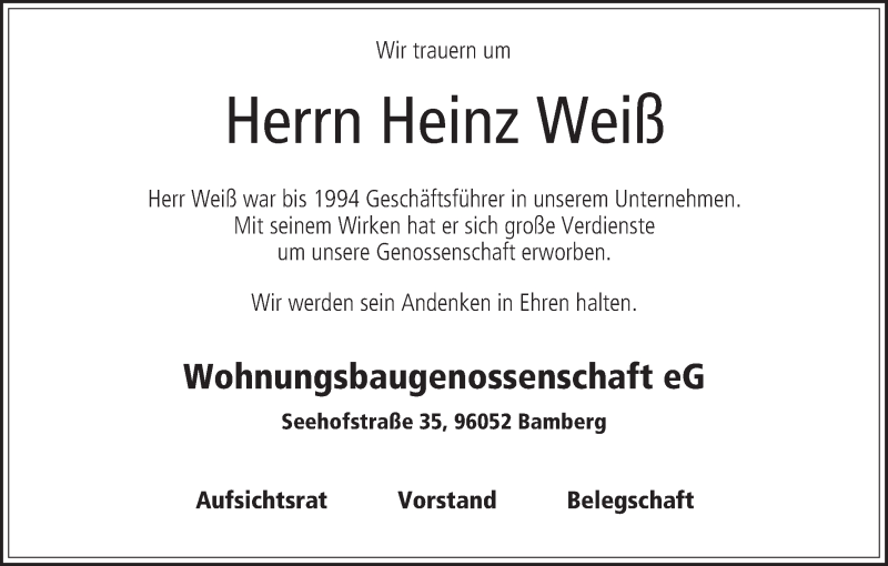  Traueranzeige für Heinz Weiß vom 08.01.2022 aus MGO