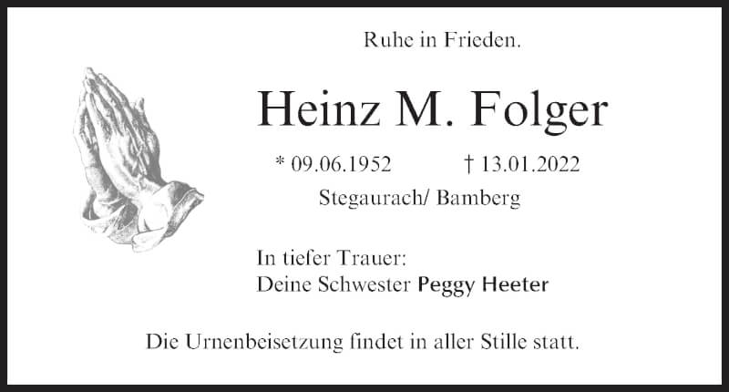  Traueranzeige für Heinz M. Folger vom 22.01.2022 aus MGO