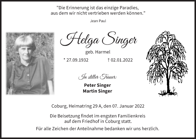  Traueranzeige für Helga Singer vom 06.01.2022 aus MGO