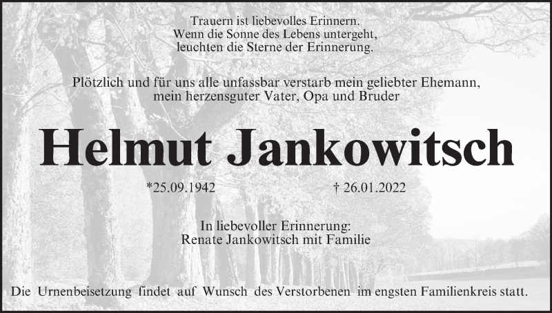  Traueranzeige für Helmut Jankowitsch vom 29.01.2022 aus MGO