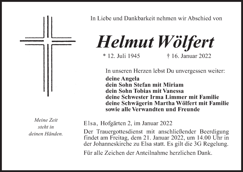 Traueranzeige für Helmut Wölfert vom 19.01.2022 aus MGO