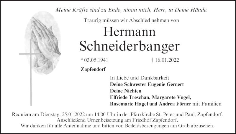  Traueranzeige für Hermann Schneiderbanger vom 22.01.2022 aus MGO