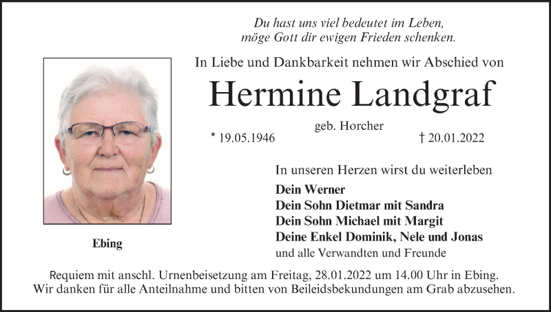  Traueranzeige für Hermine Landgraf vom 25.01.2022 aus MGO
