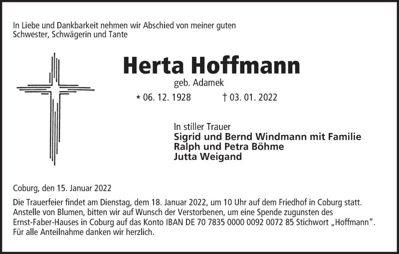  Traueranzeige für Herta Hoffmann vom 15.01.2022 aus MGO
