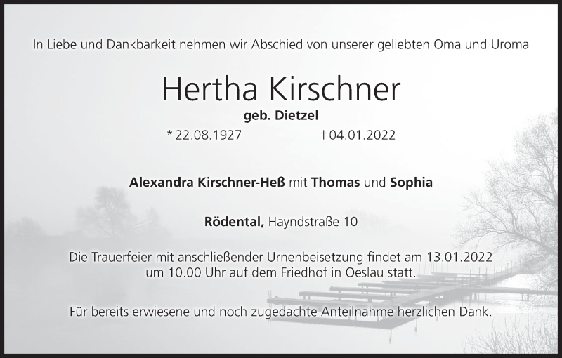  Traueranzeige für Hertha Kirschner vom 11.01.2022 aus MGO