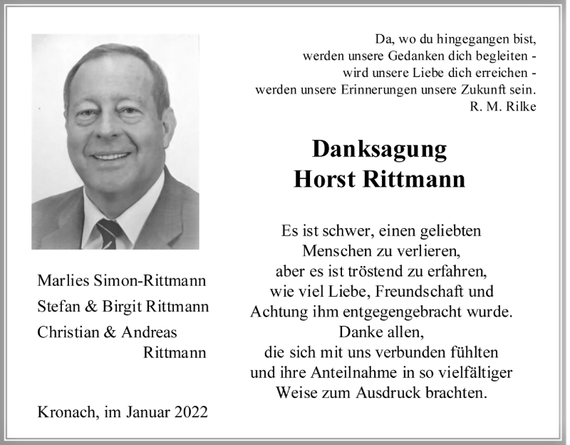  Traueranzeige für Horst Rittmann vom 08.01.2022 aus MGO