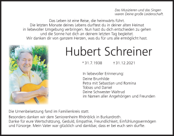 Anzeige von Hubert Schreiner von MGO