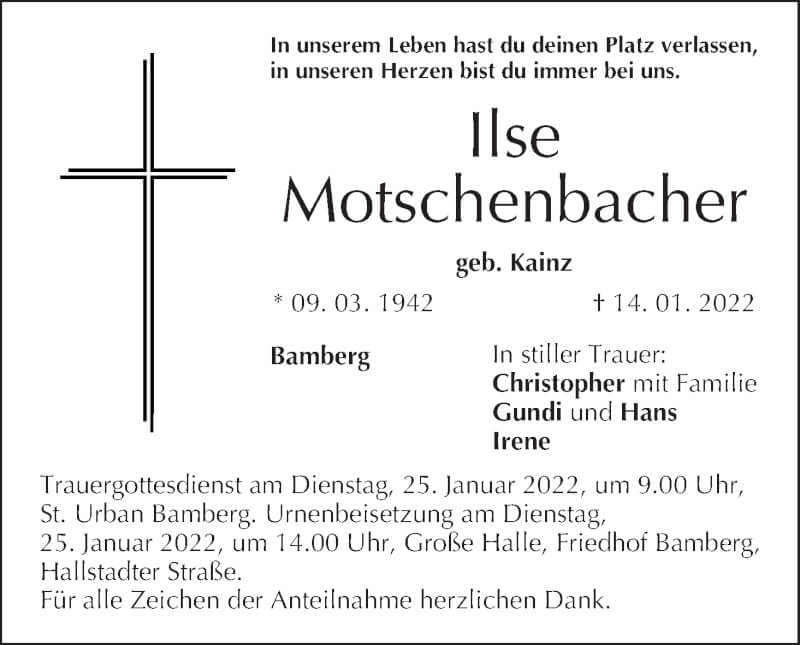  Traueranzeige für Ilse Motschenbacher vom 22.01.2022 aus MGO
