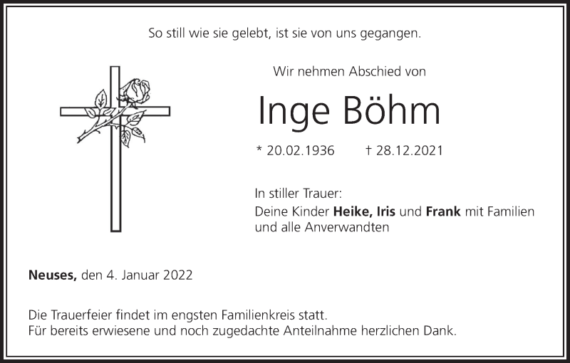  Traueranzeige für Inge Böhm vom 04.01.2022 aus MGO