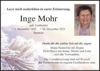 Anzeige von Inge Mohr von MGO