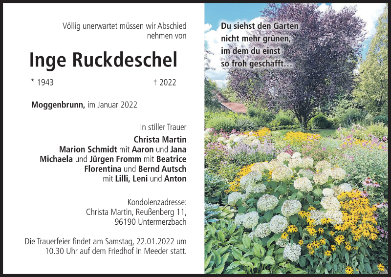  Traueranzeige für Inge Ruckdeschel vom 15.01.2022 aus MGO