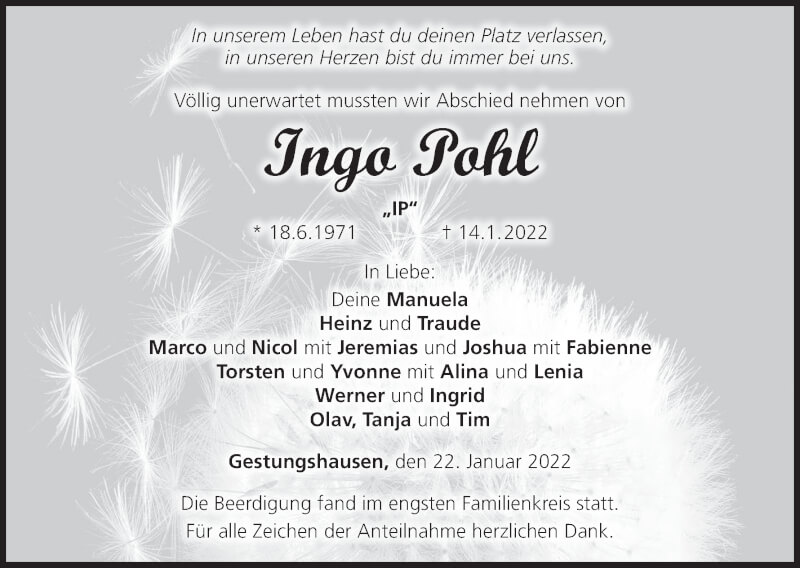  Traueranzeige für Ingo Pohl vom 22.01.2022 aus MGO