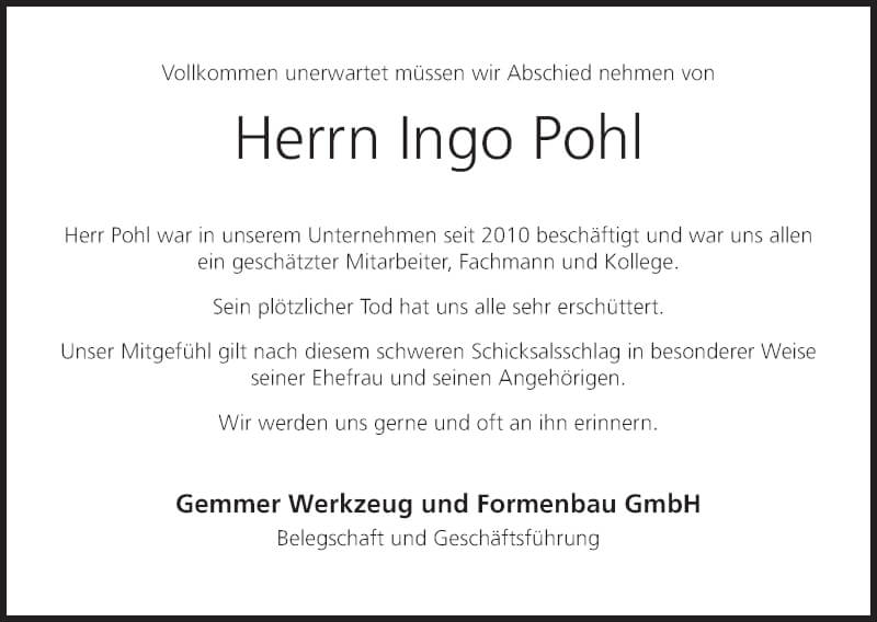  Traueranzeige für Ingo Pohl vom 22.01.2022 aus MGO