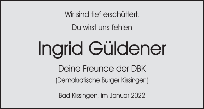  Traueranzeige für Ingrid Güldener vom 04.01.2022 aus MGO