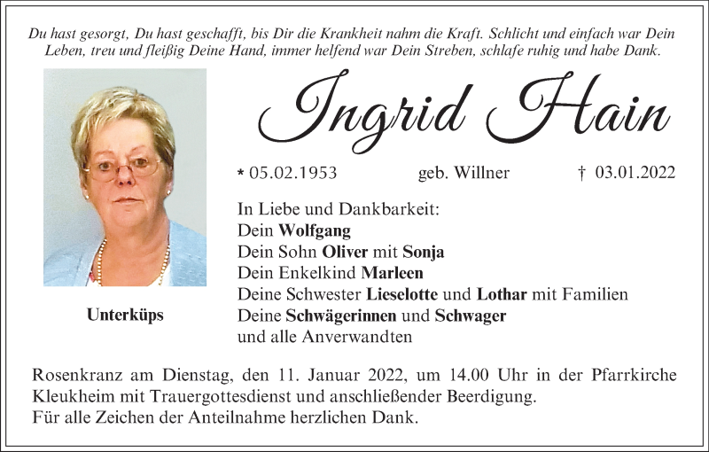  Traueranzeige für Ingrid Hain vom 08.01.2022 aus MGO