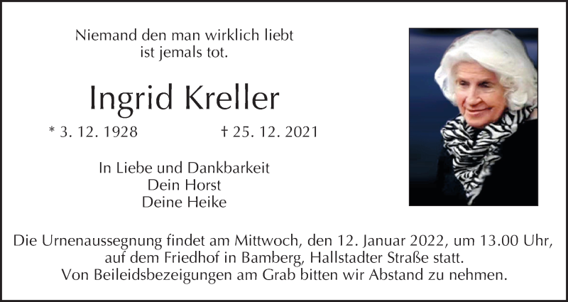  Traueranzeige für Ingrid Kreller vom 08.01.2022 aus MGO