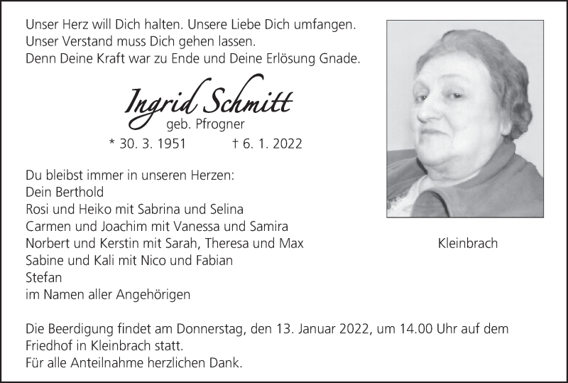  Traueranzeige für Ingrid Schmitt vom 11.01.2022 aus MGO