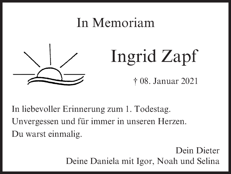  Traueranzeige für Ingrid Zapf vom 08.01.2022 aus MGO