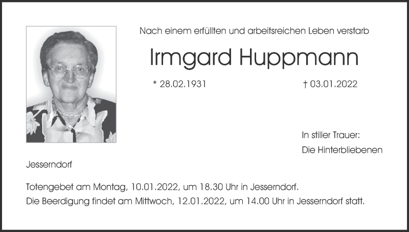  Traueranzeige für Irmgard Huppmann vom 08.01.2022 aus MGO