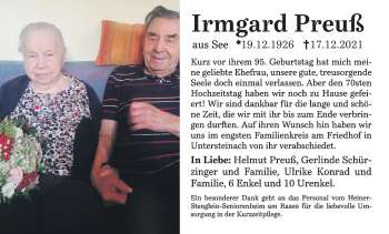 Anzeige von Irmgard Preuß von MGO