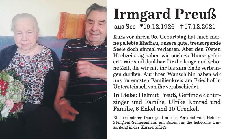  Traueranzeige für Irmgard Preuß vom 31.12.2021 aus MGO