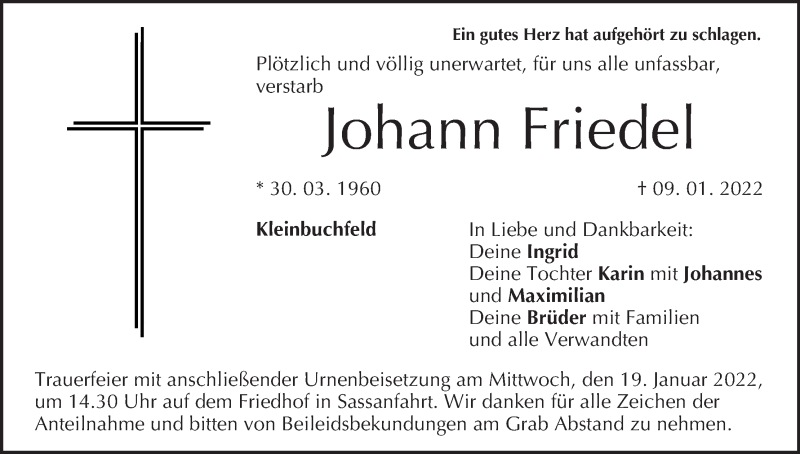  Traueranzeige für Johann Friedel vom 14.01.2022 aus MGO