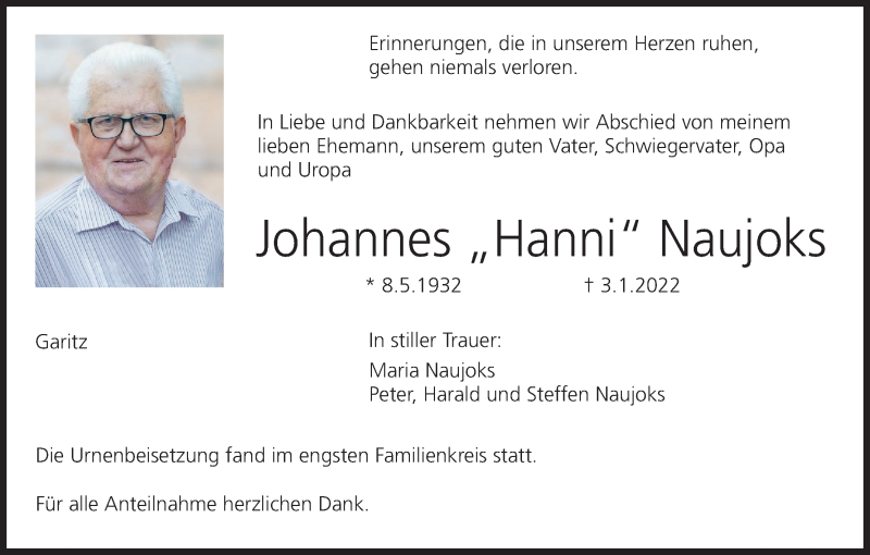  Traueranzeige für Johannes Naujoks vom 15.01.2022 aus MGO