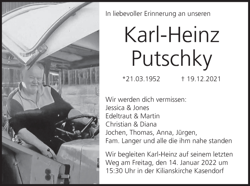  Traueranzeige für Karl-Heinz Putschky vom 13.01.2022 aus MGO