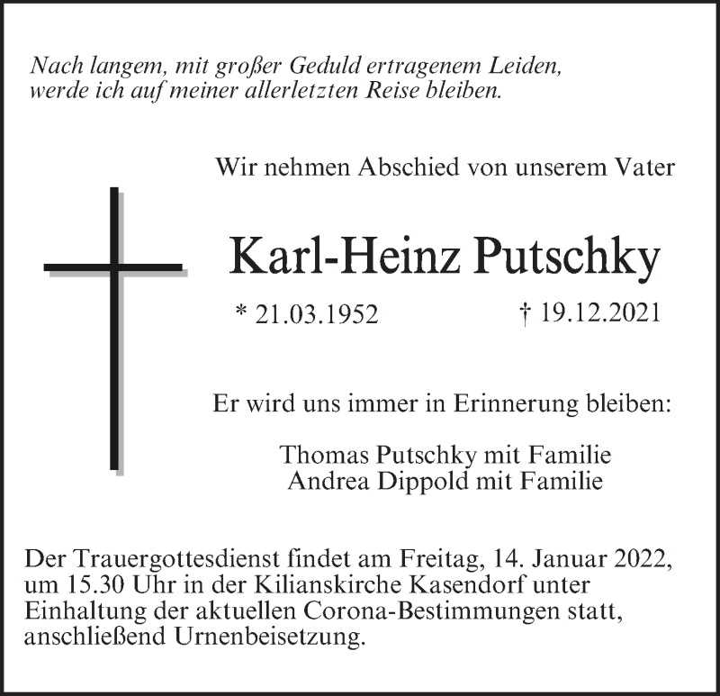  Traueranzeige für Karl-Heinz Putschky vom 12.01.2022 aus MGO