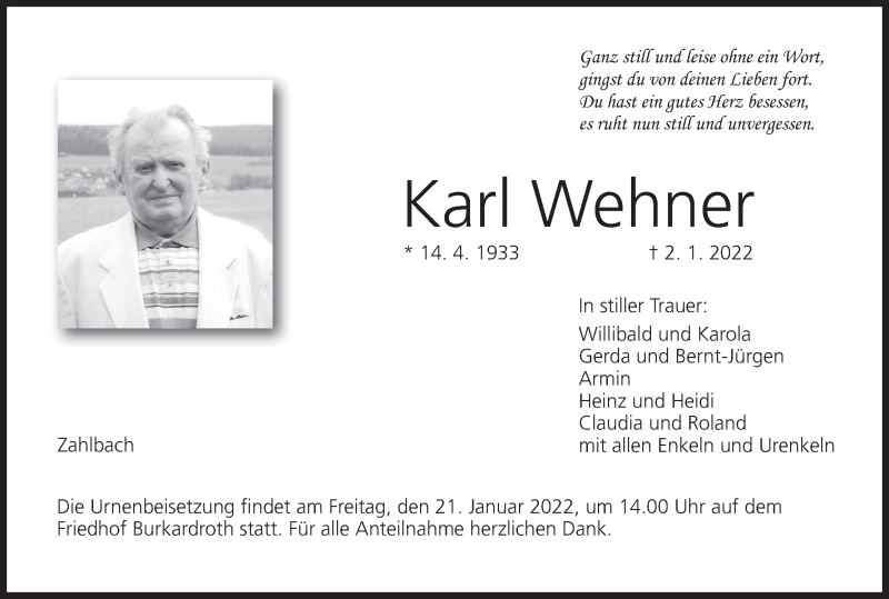  Traueranzeige für Karl Wehner vom 15.01.2022 aus MGO