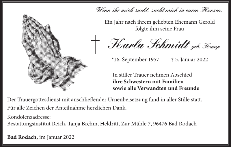  Traueranzeige für Karla Schmidt vom 21.01.2022 aus MGO