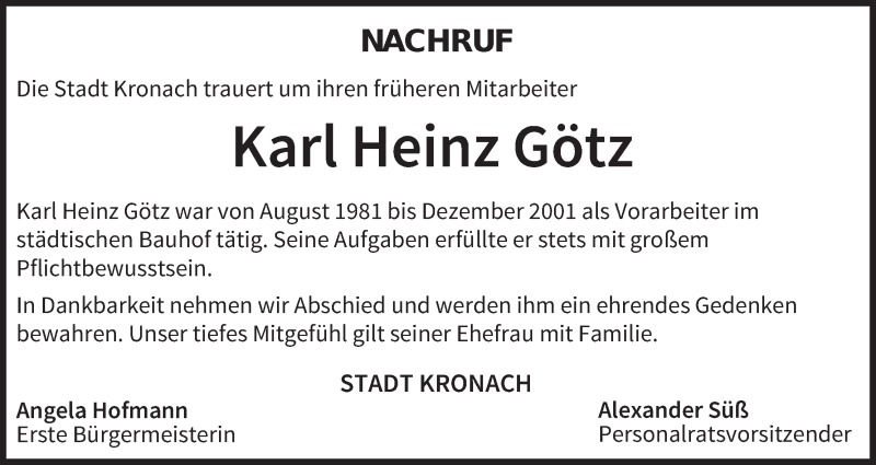  Traueranzeige für Karl Heinz Götz vom 12.01.2022 aus MGO